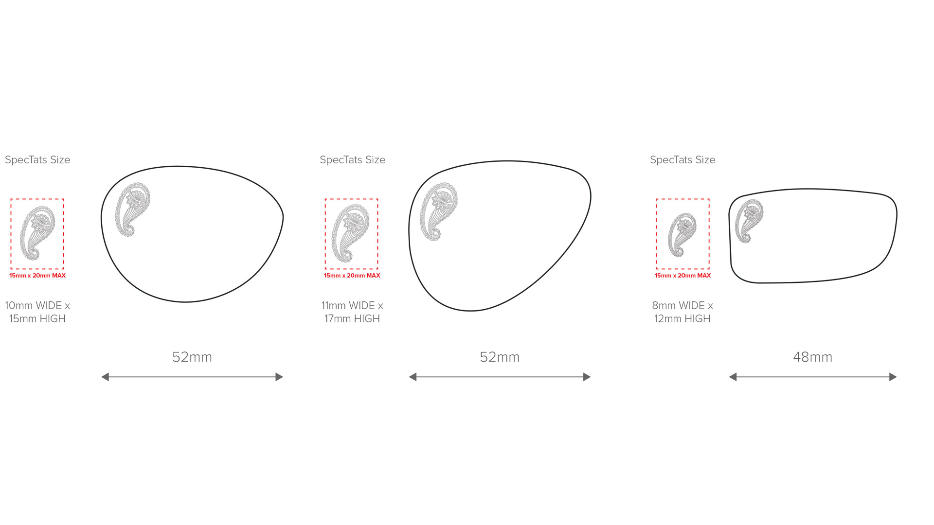 Diagram showing the size relationship of SpecTats designs on different sized and shaped lenses